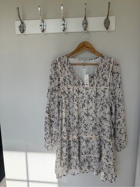 Blue Rain Cream Floral Long Sleeve Tiered Dress